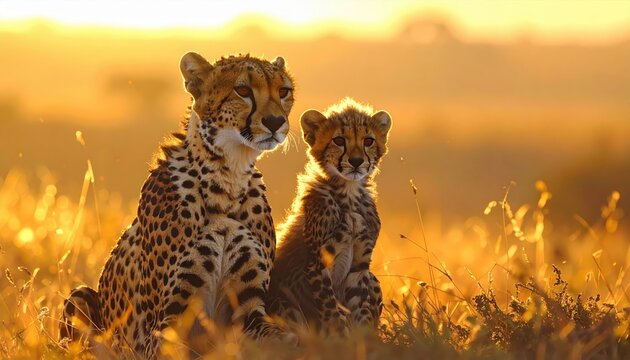 Two cheetahs, a mother and cub, sit amidst golden, backlit tall grasses at sunrise.