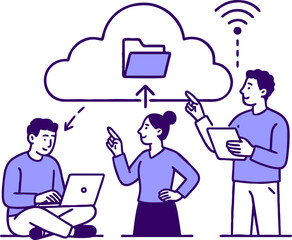 Cloud technology. People storing data on cloud server. Concept of cloud computing, online database, web hosting, web data center. Vector illustration for web banner, infographics, mobile app