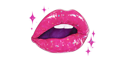 Vibrant pink glossy lips with sparkling stars. Beauty, cosmetics, glamour.