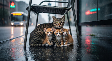 Cat and Kittens Sheltering from Rain under Bus Stop Chair