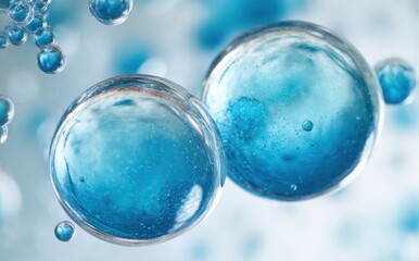 Close - up of transparent blue bubbles with a soft, blurred background, showcasing their glossy texture and fluid - like appearance.