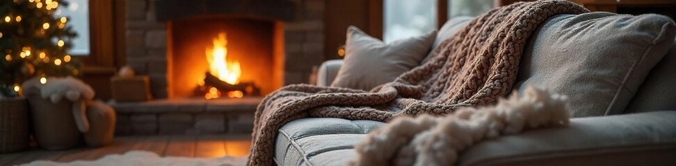 Cozy Winter Fireside Scene Plush Couch, Knit Throw Blanket, Warm Fireplace Light, Relaxation and Comfort