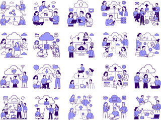 Cloud technology. People storing data on cloud server. Concept of cloud computing, online database, web hosting, web data center. Vector illustration set for web banner, infographics, mobile app