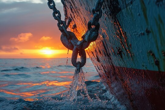 Close-up view of a ship's anchor chain during a spectacular ocean sunset