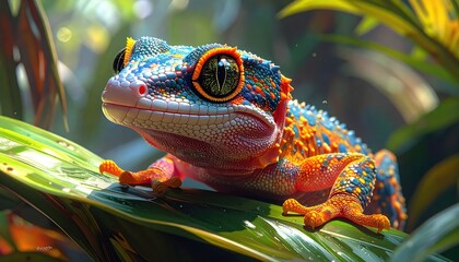A vibrantly colored gecko rests on a lush green leaf, showcasing intricate patterns and striking hues.