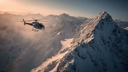 A helicopter flies over a vast, snow-covered mountain range during a golden sunrise, with peaks emerging from the clouds.