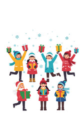 Excited children celebrating christmas with colorful gift boxes and snowflakes falling down around them