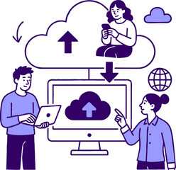 Cloud technology. People storing data on cloud server. Concept of cloud computing, online database, web hosting, web data center. Vector illustration for web banner, infographics, mobile app