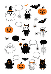 Spooky halloween characters ghosts pumpkins mummies spiders bats and blank speech bubbles