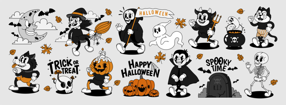 Halloween characters. Retro groovy holiday mascot. Comic spooky ghost, pumpkin, witch, skeleton, vampire, monster, devil, and werewolf. Funky night party. Vector set