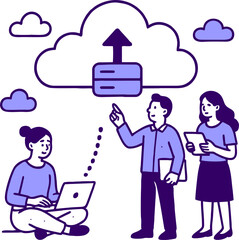 Cloud technology. People storing data on cloud server. Concept of cloud computing, online database, web hosting, web data center. Vector illustration for web banner, infographics, mobile app