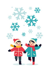 Fototapeta premium Two happy girls enjoying the winter snowfall outdoors together