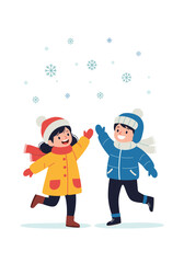 Fototapeta premium Joyful children playing in falling snow during winter season outdoor fun