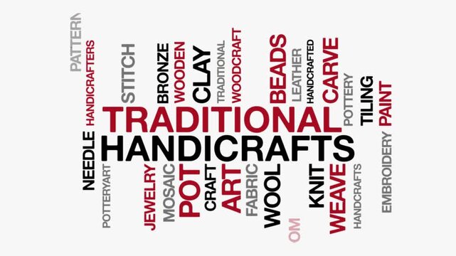Traditional Handicrafts concept Animated Tag Word Cloud kinetic typography, Text Design Animation typography seamless loop video motion graphics Intro, Word Art Looping Text effects red blue grey ty
 