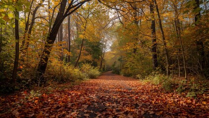 Obraz premium A peaceful autumnal path winds through a forest ablaze with fall foliage, displaying a spectrum of golden and russet hues.