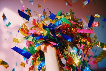 Obraz premium Hand holding a vibrant, colorful pom-pom amidst a shower of confetti