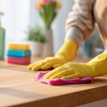 Close-up of hands of woman wearing rubber gloves cleaning wooden kitchen counter with rags and cleaning solution.