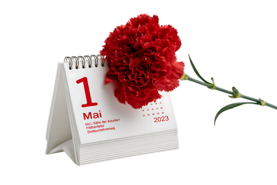 Red carnation and calendar, May 1st, Labor Day.