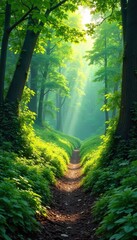 Dense, wild bush land explodes with vibrant green foliage, sunlight dappling through leaves onto the earthy ground A haven of untamed nature, teeming with life , spring, foliage, natural