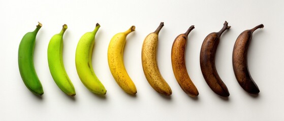 Eight bananas in a row on a white background, showing different ripeness stages from green to brown.