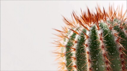 Close-up shot of a green cactus with sharp, orange-tipped spines against a white background.