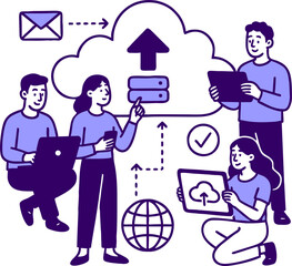 Cloud technology. People storing data on cloud server. Concept of cloud computing, online database, web hosting, web data center. Vector illustration for web banner, infographics, mobile app