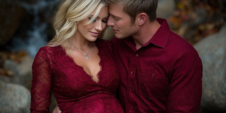 A loving couple shares a tender moment, expecting a baby with joy in nature's embrace.