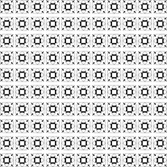 Monochrome geometric seamless pattern with repeating ornamental shapes.