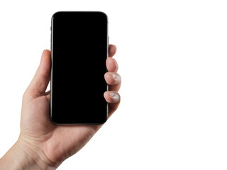 Man holds modern smartphone with black screen in hand.