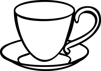 Simple black outline of a cup and saucer minimalist tea or coffee vector illustration.
