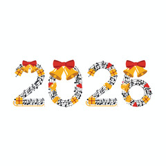 Musical Christmas 2025 digits with bells bows and gifts