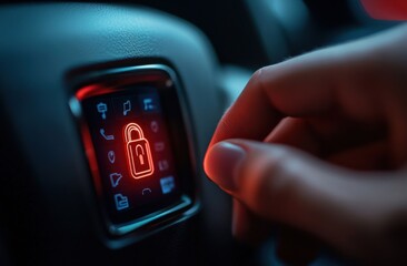 Obraz premium Close-up of a hand activating a digital lock on a car panel