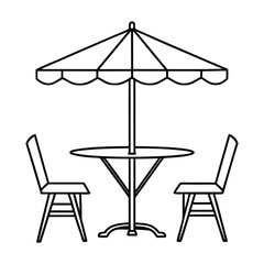 Outdoor Cafe Table with Umbrella and Chairs Line Art Illustration