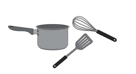 Simple illustration of kitchen utensils, including a pot, whisk, and spatula, isolated.