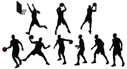 basketball players in various action poses on court