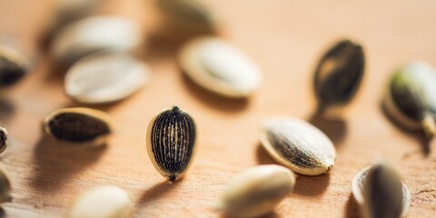 A close-up view showcases the detail of pumpkin seeds on a wooden backdrop.