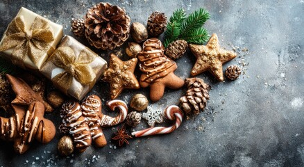 Festive Christmas cookies and gifts on a textured surface