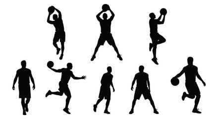basketball players in various action poses during game