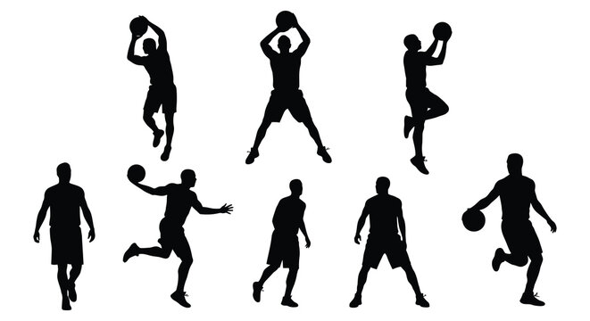 basketball players in various action poses during game