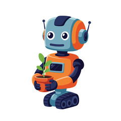 Fototapeta premium A blue and orange robot holding a potted plant