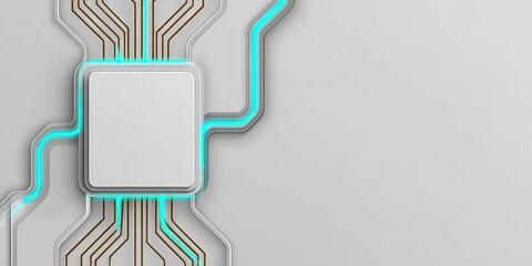 Abstract circuit board with glowing turquoise lines and a blank white square