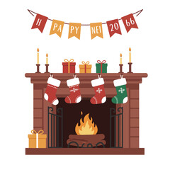 Christmas fireplace with stockings gifts candles and banner