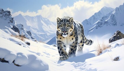 A majestic snow leopard strides across a pristine snow-covered mountain landscape, showcasing its elegant form against a backdrop of towering peaks.