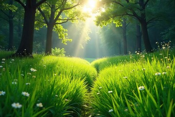 Dense, lush grassland teeming with life, sunlight filtering through tall grasses creating dappled shadows A vibrant ecosystem thrives in this picturesque natural landscape , landscape, prairie