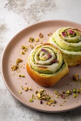 Elegant pistachio rose swirl pastry with floral glaze drizzle styled on pastel plate overhead