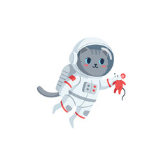 Fototapeta premium A cute cat astronaut floats in space holding a toy mouse