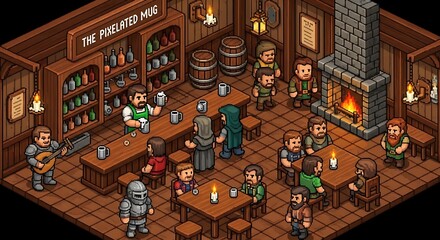 Medieval Tavern Scene with People and Activities.