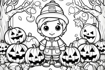Young Kid with Halloween Pumpkins Coloring Page