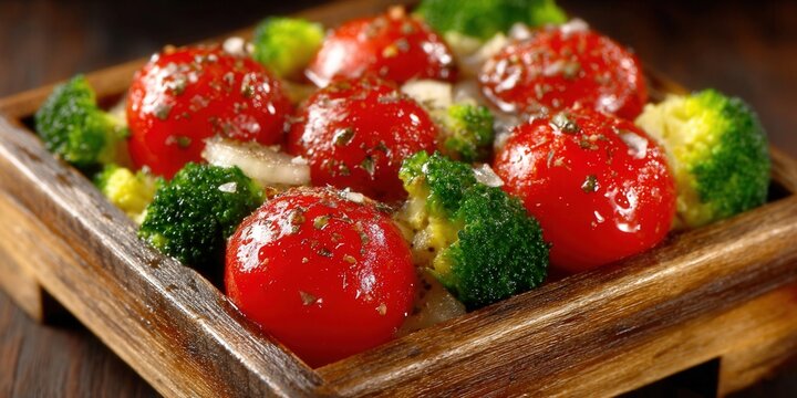 Fresh cherry tomato and broccoli salad with herbs, presented in a wooden tray. - Powered by Adobe