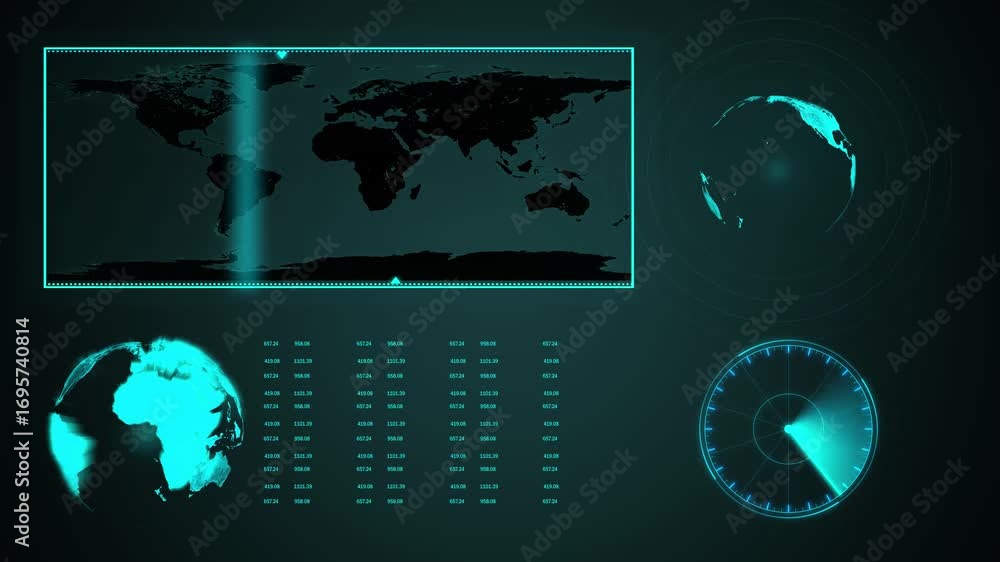 Aufkleber global network animation world map radar data graphics monitoring 4k seamless loop. digital world ma